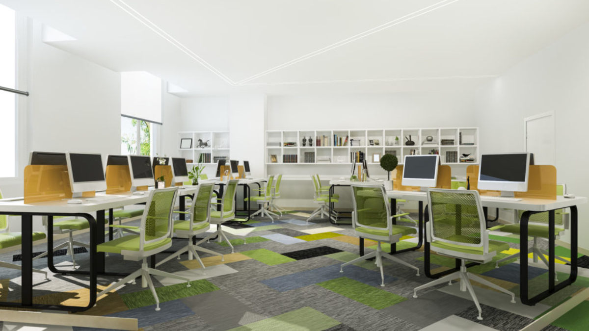 3d rendering green business meeting and working room on office building with bookshelf