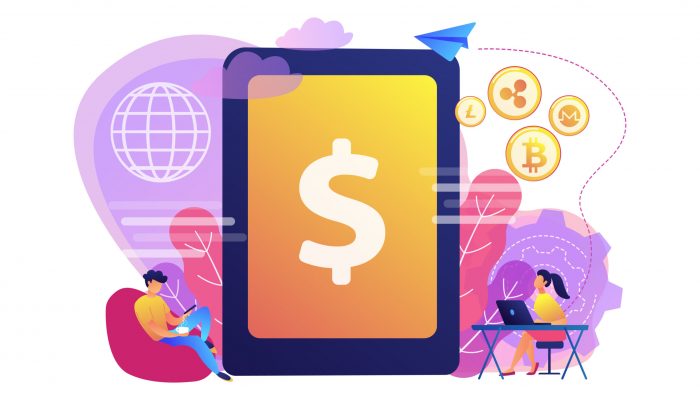 Businessman and woman transfer money with gadgets. Digital currency, cryptocurrency market, e-money transfer and digital money turnover concept. Bright vibrant violet vector isolated illustration